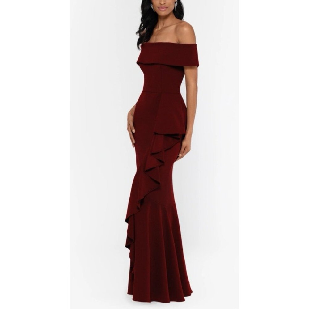 Betsy & Adam 6P Carina Long Maroon Ruffle Off the Shoulder Formal Ballgown NEW
